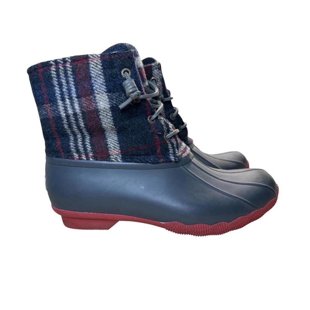 ****Sperry Saltwater Duck Boots Women's Sz 7.5 Navy Blue Red Plaid Wool - Picture 3 of 4